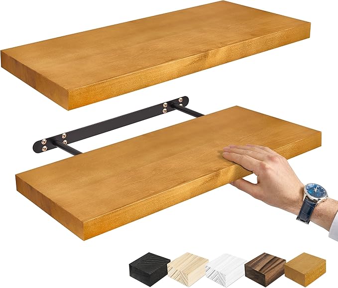 Sorbus Wood Floating Shelves for Wall - 24” Solid Wall Shelves for Bathroom, Bedroom & Living Room - Set of 2 Maple Wood Wall Mounted Shelves - Durable Solid Pine
