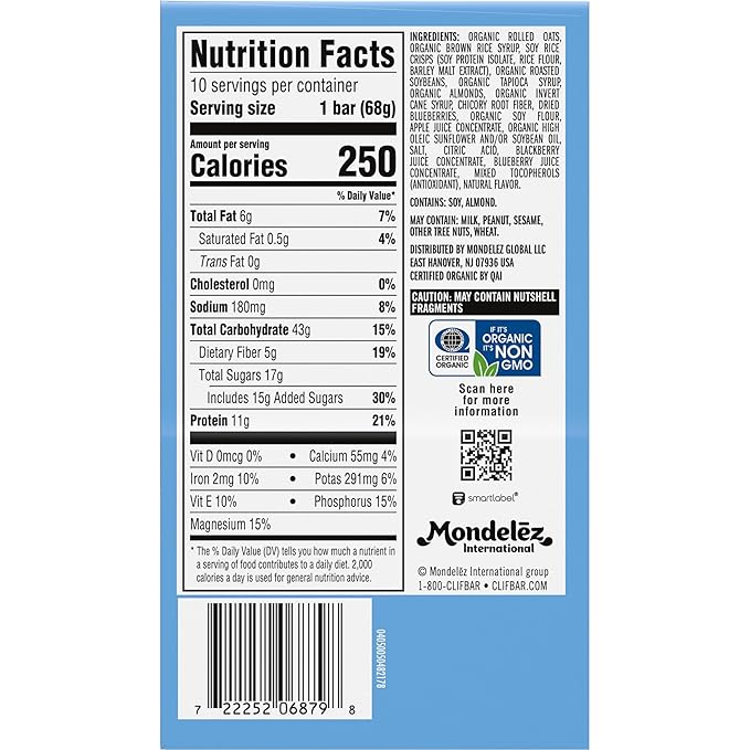 CLIF BAR - Energy Protein Bars - Blueberry Almond Crisp - Made with Organic Oats - Energy Bars - Non-GMO - (10 Pack)