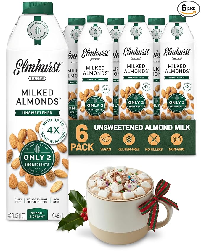 Elmhurst 1925 Unsweetened Almond Milk - 32 Ounce (Pack of 6) Dairy-Free, Vegan, Kosher, No Added Sugar, Shelf Stable Milk Made with Water & Almonds for Healthier, Simpler Plant-Based Alternatives