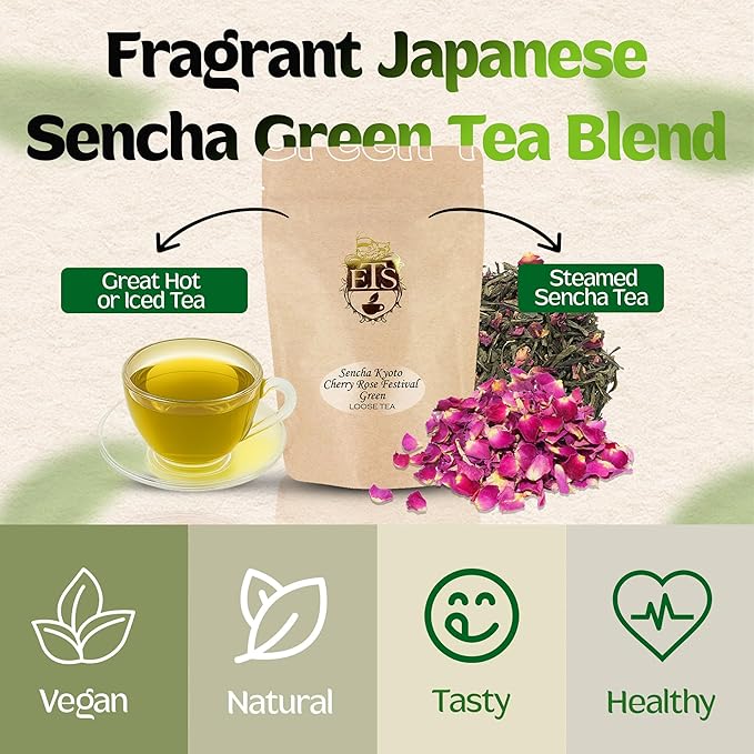 Sencha Kyoto Cherry Rose Festival Green Tea | Loose Leaf Japanese Style Green Tea with Sweet Cherry and Rose Flavor | 16oz Pouch | Great Hot or Iced | Steamed Sencha Tea | English Tea Store
