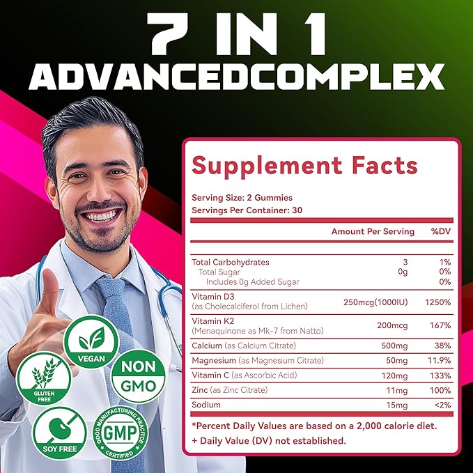 Natures Aid Sugar-Free Vitamin D3 K2 Gummies with Calcium + K2 (MK-7), Magnesium Citrate, Vitamin C, Extra Strength - Ultimate Absorption for Bone Muscle Teeth Immune, Vegan - 120 Gummies