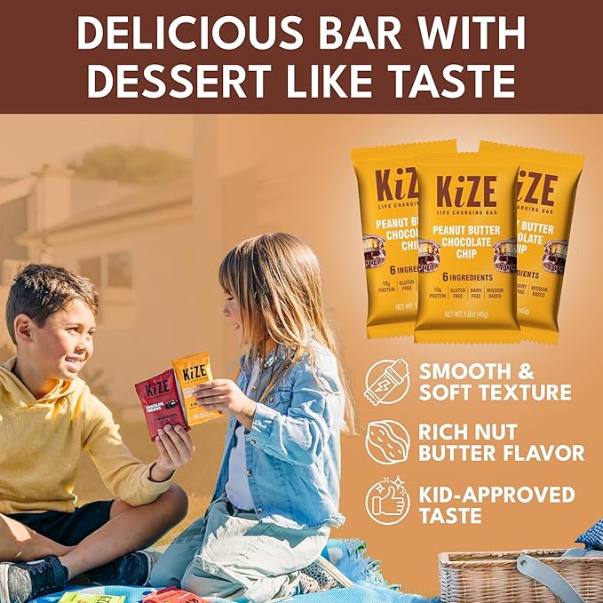 KiZE Energy Bars - Peanut Butter Chocolate Chip - Gluten Free, Dairy Free, Non-GMO, and High Protein Meal Replacement Energy Bars, Clean and Simple Food Ingredients - 10g High Protein Snacks, (10 Count)