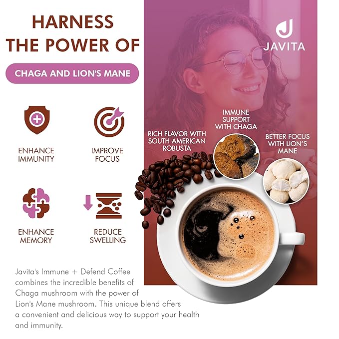Mushroom + Coffee, Javita Immune & Defend Blend of Chaga, Lion's Mane and Dark Roast Robusta Coffee for Morning Boost, Wellness Support, Smooth, Convenient Coffee Mix (3 box/72 serv)