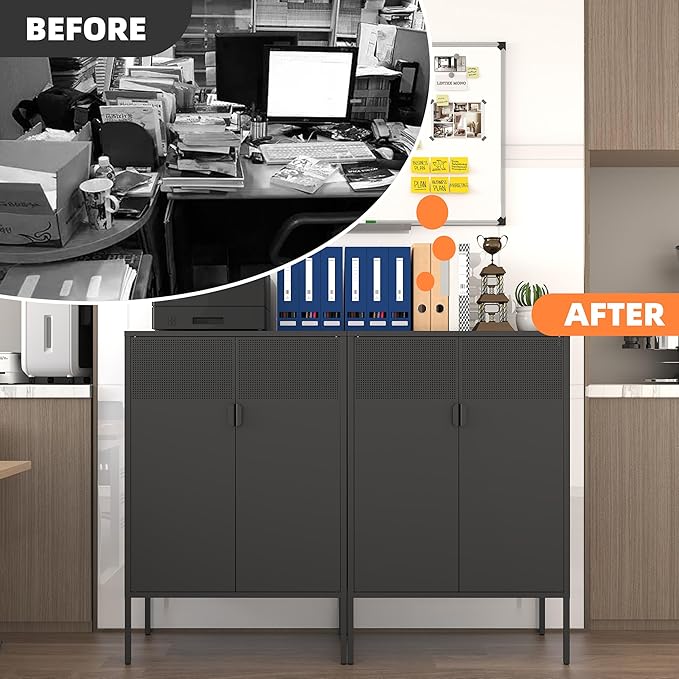 Black Metal Storage Cabinet,2 Door TV Stand, Metal Mesh Accent Cabinet,Magnetic Door Closure,Low Storage Cabinets with Doors and Shelf for Home,Office,Living Room