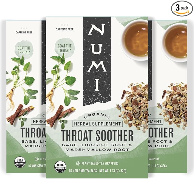 Numi Organic Throat Soother Herbal Tea, 48 Tea Bags, Caffeine‑Free Blend with Sage, Licorice Root, Marshmallow Root, Cinnamon & Clove for Soothing Throat Comfort