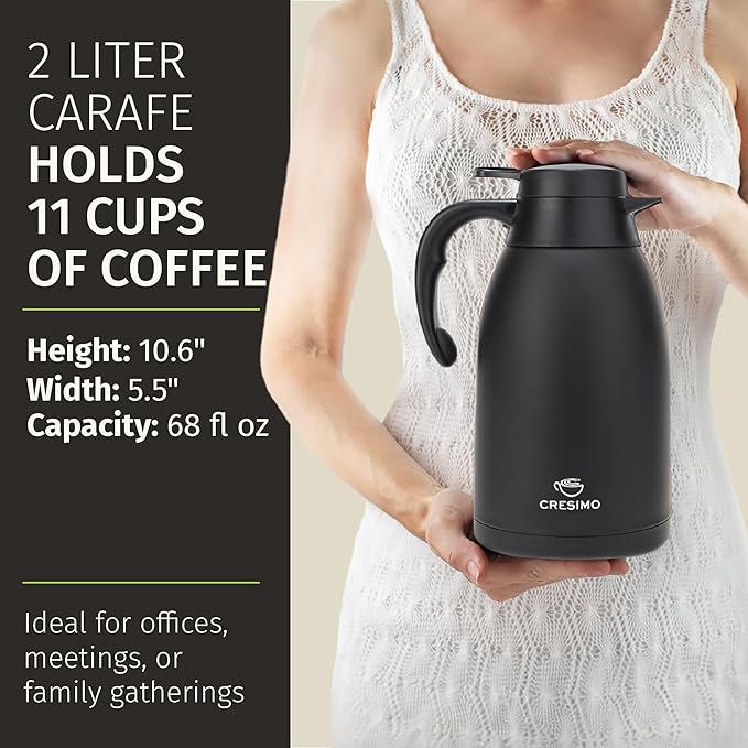 Thermal Coffee Carafe 68 oz by Cresimo – Updated 2025 Model – Insulated Black Stainless Steel Coffee Urn & Drink Dispenser, Keeps Drinks Hot 12h / Cold 36h – Durable & Easy to Pour