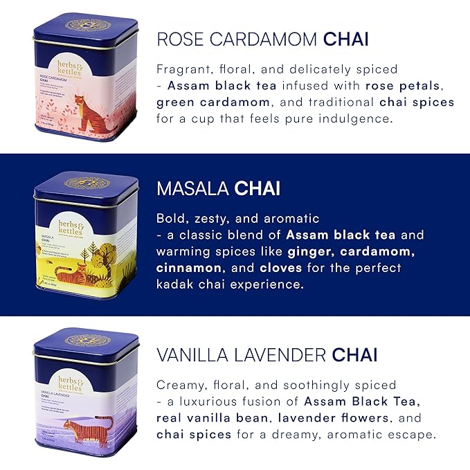 Herbs & Kettles Chai Combo Set | Masala Chai, Rose Cardamom Chai & Vanilla Lavender | Gourmet Loose Leaf Tea for Tea Lovers | Premium Indian Tea Collection for Birthdays, Holidays & Special Occasions