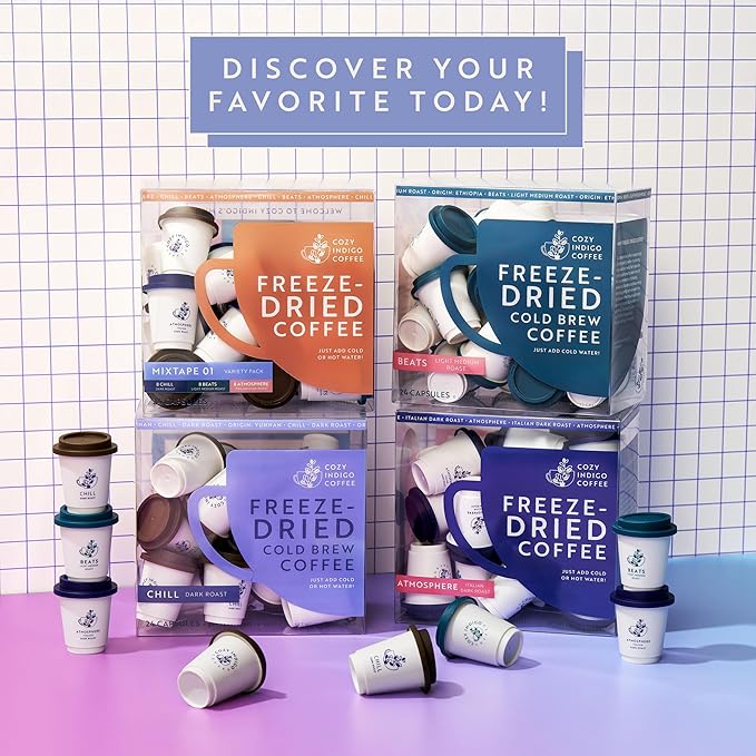 COZY INDIGO COFFEE - MIXTAPE 01 Instant Freeze Dried Specialty Coffee, 3 Flavor Variety Pack, Medium, Dark, Italian Roasts, 24 Capsules, 100% Arabica, Enjoy Cold or Hot, Perfect for Travel and On The Go