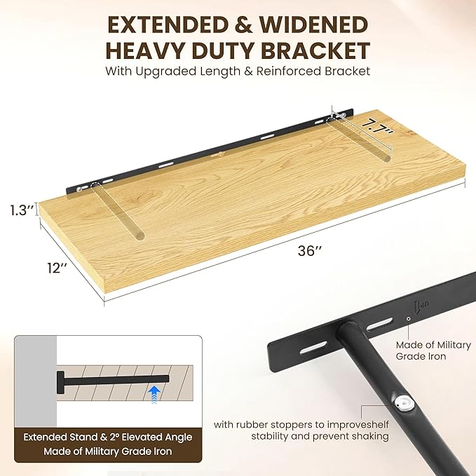 Dreamland 36" Floating Shelves for Wall, 12" Deep Slim Oak Floating Shelves, Wall-Mounted Shelves for Bedroom, Living Room, Kitchen, Bathroom - Set of 2