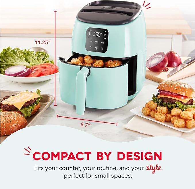 DASH Tasti-Crisp™ Electric Air Fryer Oven, 2.6 Qt., Aqua – Compact Air Fryer for Healthier Food in Minutes, Ideal for Small Spaces - Auto Shut Off, Digital, 1000-Watt