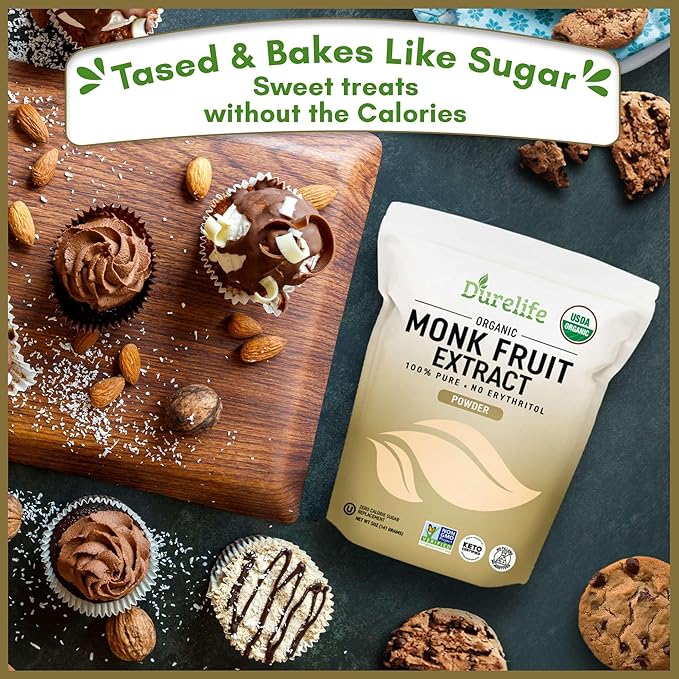 Durelife Organic 100% Pure Monk Fruit sweetener, No Erythritol, Monkfruit Extract Powder, USDA organic NON-GMO Project Verified, Keto Certified, OU kosher No Fillers Zero Calorie Sugar Substitute 5 OZ