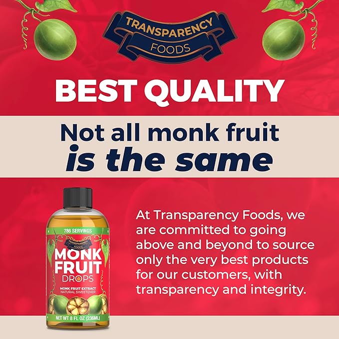 100% Pure Monk Fruit Extract (6 Drops = 1 Tsp of Sugar) Zero Calories, Non-GMO, No Fillers - Liquid Monk Fruit Sweetener No Erythritol by Transparency Foods NEW FORMULA (8oz, 786 servings)
