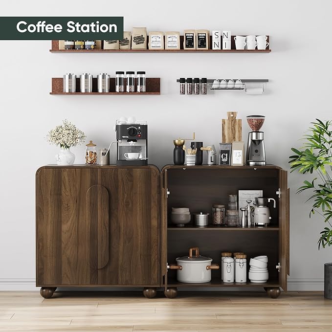 31.5'' Curved Sideboard Buffet Cabinet, Storage Cabinet with Ball Feets, Accent Console Table, Coffee Bar for Kitchen, Living Room, Entryway, Walnut