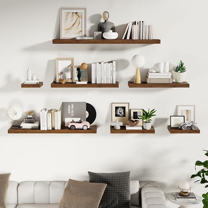 Fun Memories Floating Shelves for Wall 36 Inches, Wood Shelves with Invisible Bracket, 10" Deep Shelves Wall Mounted, Large Floating Shelves for Living Room Bathroom, Rustic Brown, Set of 2