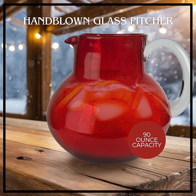 Artland Iris 90 Oz Handblown Glass Pitcher - Bubble Shape, Lead-Free - Versatile Drink Dispenser for Water, Juice, Cocktails - Enhanced Kitchen Decor, Dishwasher Safe (Ruby)
