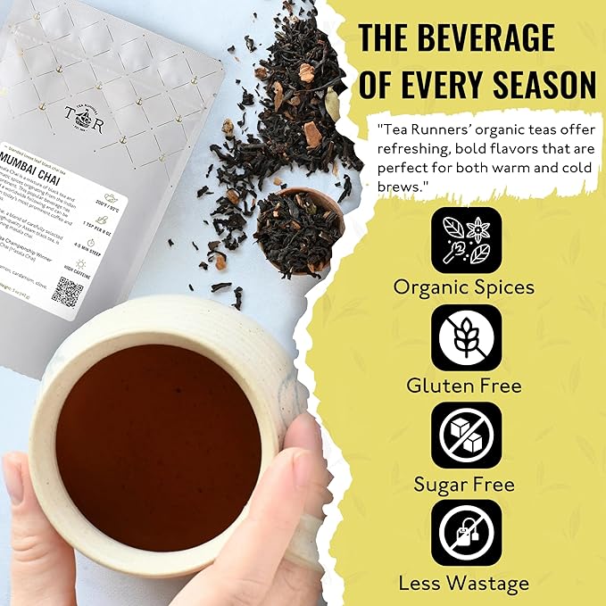 Tea Runners Organic Mumbai Chai – Premium Loose Leaf Masala Chai Tea | Bold Assam Black Tea with Aromatic Spices | High Caffeine, Award-Winning Blend for Energizing Mornings & Cozy Evenings - 5 oz