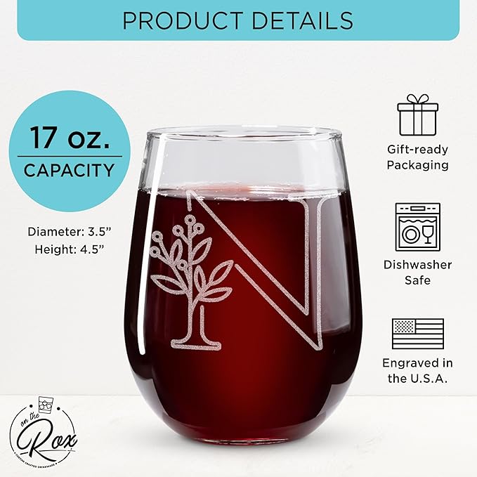 On The Rox Drinks Monogrammed Gifts For Women and Men - Letter A-Z Initial Engraved Monogram Stemless Wine Glass - 17 Oz Personalized Wine Gifts For Women and Men (N)