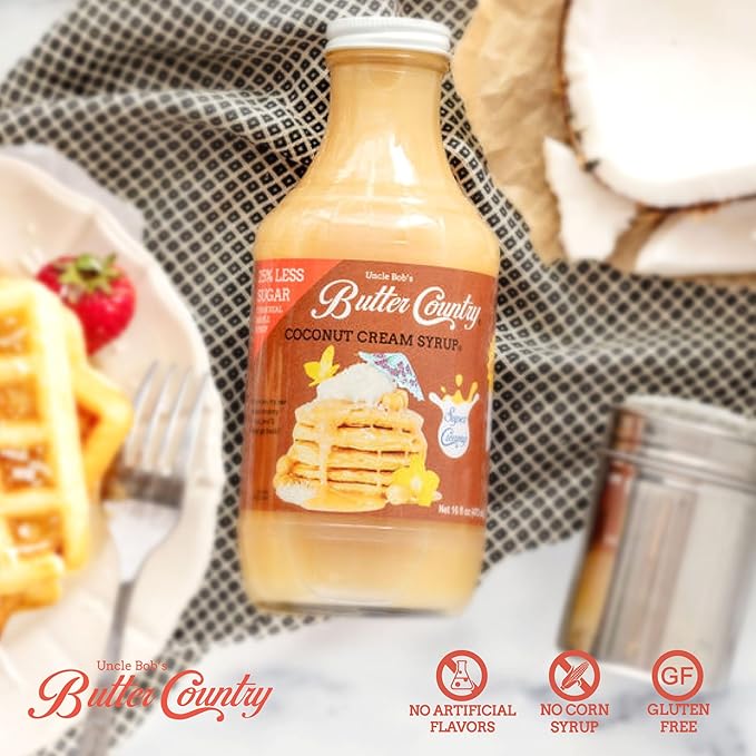 Uncle Bob's Butter Country Rich & Creamy Coconut Syrup for Pancakes and Waffles, Less Sugar, No Corn Syrup, Gluten Free, Made without Artificial Flavors, 16 fl oz Bottle