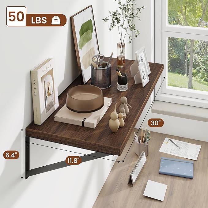Deep Wall Shelves 30"W x 12"D Engineered Wood Floating Shelves for Wall, Sturdy Metal Bracket Bookshelves Home Decor Storage for Living Room Bedroom Bathroom Kitchen, Set of 2, Walnut Finish