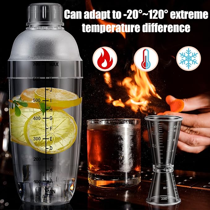 10 Pcs Plastic Cocktail Shaker Set, Including 8 Pcs 24 oz Clear Coffee Shaker Drink Mixer with Measurements 2 Double Measuring Jigger Bar Cup for Tea Coffee Bubble Tea Milk
