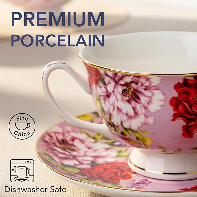 BTaT- Tea Cups and Saucers, Set of 6, 8 oz, Floral Design, Porcelain Tea Cup Sets, Dishwasher Safe