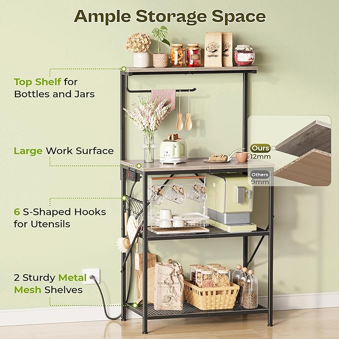 Huuger 4-Tier Bakers Rack with Reversible Power Outlet, 23.6 Inch Microwave Stand, Kitchen Coffee Bar, with Top Shelf, 6 S Hooks, Greige