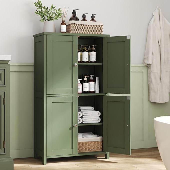 Nuturelly Bathroom Floor Storage Cabinet, Freestanding Pantry Cabinets with 4 Doors & 3 Adjustable Heights, Bathroom Organizers and Storage with Top Board & Metal Handles for Kitchen, Pale Green