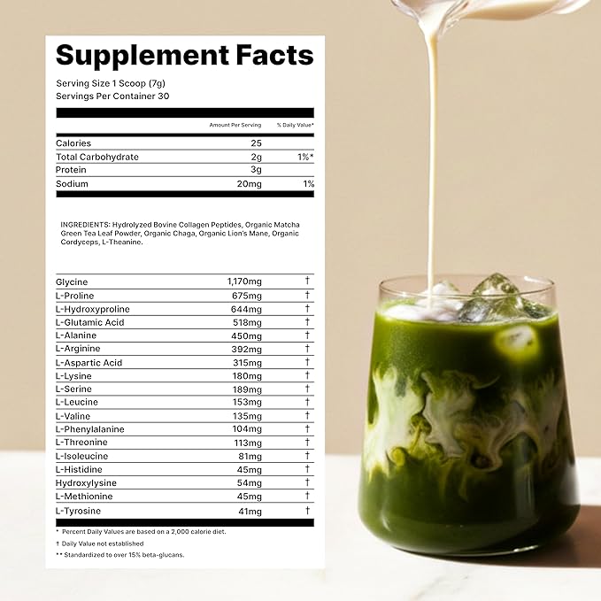 Mushroom Matcha with Collagen – Adaptogenic Matcha for Energy, Focus, & Mental Clarity – Enhanced with Lion’s Mane, Chaga, Cordyceps & L-Theanine (30 Servings)