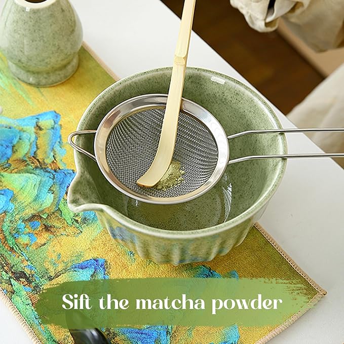 Matcha Whisk Set, 8 Pcs Matcha Kit Includes Matcha Bowl with Spout, Bamboo Whisk, Ceramic Holder, Bamboo Scoop x2, Scoop Rest, Stainless Sifter and Tea Towel, Gift for Matcha Lover