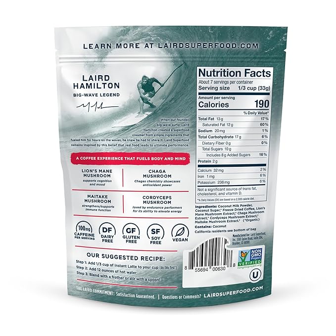 Laird Superfood Instant Latte 100% Arabica Coffee Sweet & Creamy, Non-Dairy, Superfood Creamer, Gluten Free, Non-GMO, Vegan, 8 oz. Bag, Pack of 1