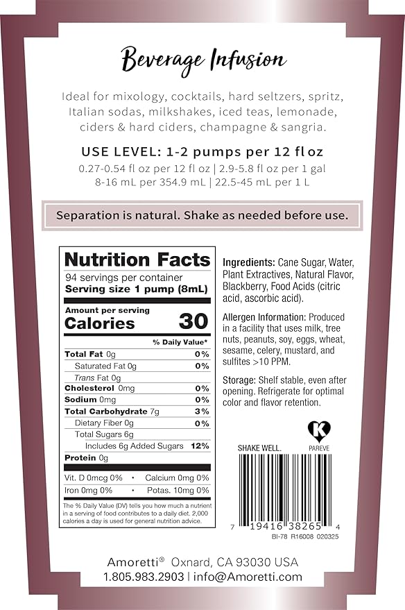 AMORETTI - Blackberry Beverage Infusion, 94 Servings Per Bottle (750 ml) - Drink Mix & Water Enhancer with Pump for Flavoring Cocktails, Waters, Teas, and other Beverages, Preservative Free