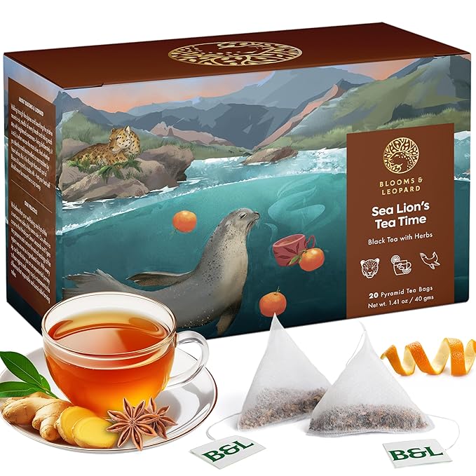 Blooms & Leopard Premium Black Tea Bags – Sea Lion's Tea Time Blend with Cardamom, Clove, Cinnamon, Ginger, and Black Pepper – 20 Individually Wrapped Bags, Hot or Iced Tea
