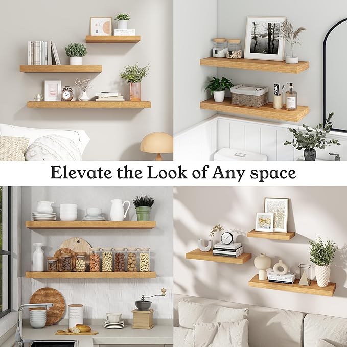 Floating Shelves for Wall, 9.3" Deep Wall Mounted Wood Shelves for Bathroom, Bedroom, Living Room, Kitchen, Hanging Shelf for Books/Storage/Room Decor (Oak, 24")