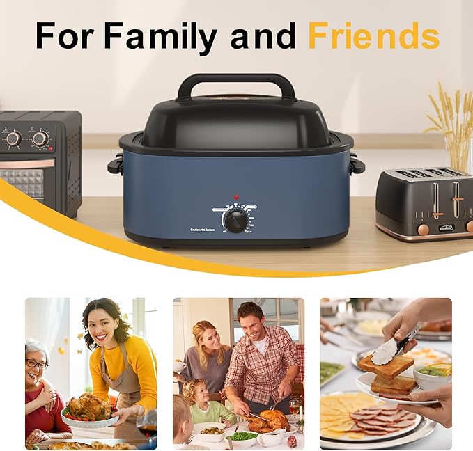 HEYNEMO Roaster Oven 22Qt, 1450W Electric Turkey Roaster Oven Buffet with Self-Basting Lid, Cool-Touch Handles, Removable Pan and Rack, Stainless Steel, Blue