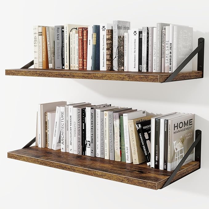 Deep Wall Shelves 30"W x 12"D Engineered Wood Floating Shelves for Wall, Sturdy Metal Bracket Bookshelves Home Decor Storage for Living Room Bedroom Bathroom Kitchen, Set of 2, Rustic Brown Finish