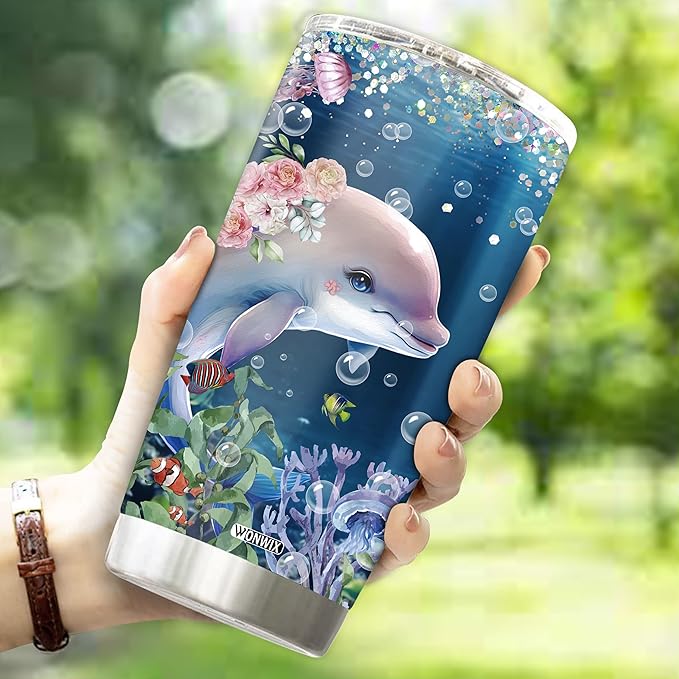 Dolphin Tumbler 20oz Cute Animal Gift for Women, Girls Who Freaking Love Dolphins Lovers Perfect Birthday Christmas Valentine Wife Daughter Mother Insulated Stainless Steel Coffee Cup with Lid
