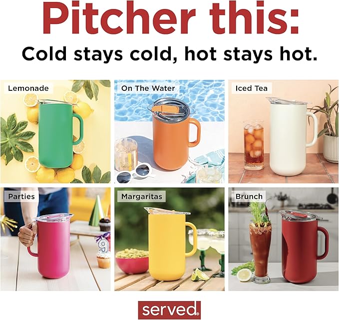 Served Premium Insulated Pitcher (2L/66oz) - Double Walled, Copper Lined Stainless Steel Pitcher with Lid - Vacuum Insulated Carafe for Hot Coffee, Tea, Iced Drinks, Water, Cocktails, and More