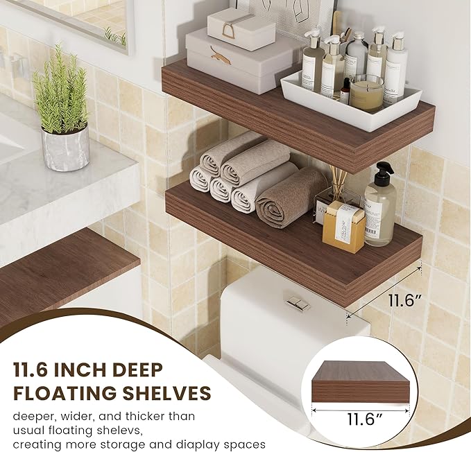 Deep Floating Shelves | 24 Inch Walnut Floating Shelves Set of 2 | 12 Inch Deep Rustic Wood Shelves for Wall | 24" W x 12" D Walnut Shelves for Living Room Bathroom Laundry Room Kitchen