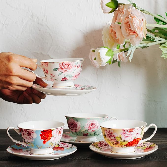 BTaT- Floral Tea Cups and Saucers Set of 4 (7 oz), Porcelain Tea Cup Sets, Assorted Colors with Gold Trim & Gift Box, Dishwasher & Freezer Safe
