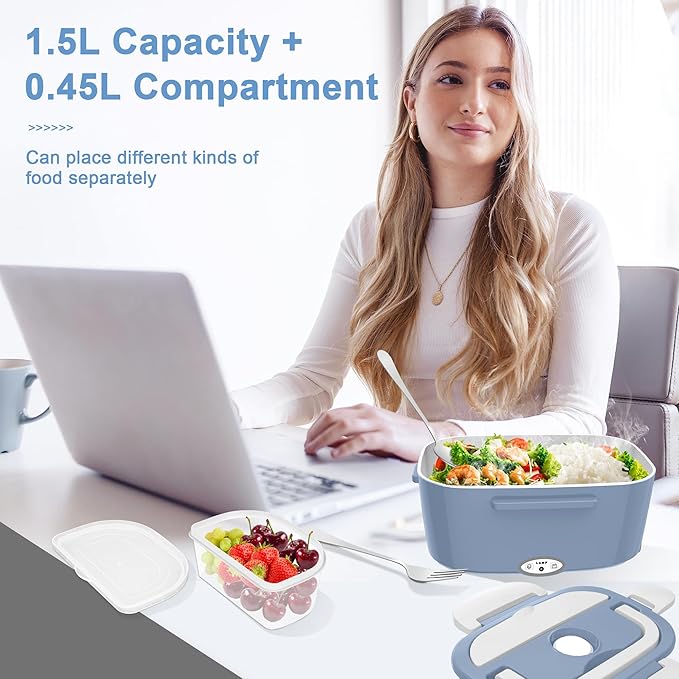 Electric Heated Lunch Boxes Adults: 80W Electric Lunch Box Food Heated 12/24/110V 1.5L Heatable Lunch Box for Car/Truck/Office Leak-Proof Stainless Steel Container,Fork & Spoon,Bag (Light Blue+White)