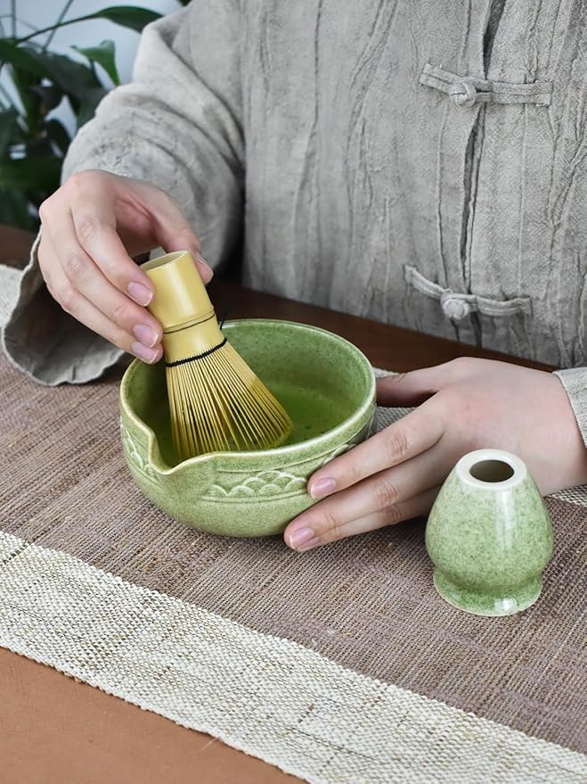 Artcome Matcha Tea Set with Pouring Spout - Green Ceramic Matcha Bowl, Bamboo Whisk, Whisk Holder, Tea Scoop & Matcha Tea Manual for Traditional Japanese Tea Ceremony - Ideal for Gift - Deep Green