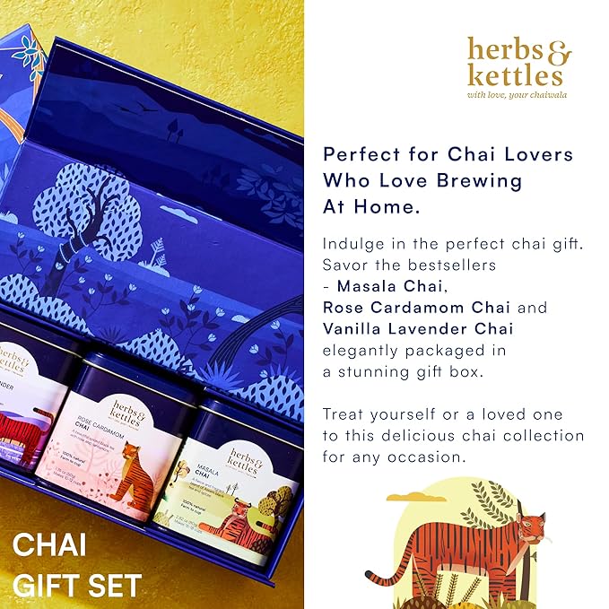 Herbs & Kettles Chai Gift Set | Masala Chai, Rose Cardamom Chai & Vanilla Lavender | Premium Loose Leaf Tea Collection | Elegant Tea Gift Box for Birthdays, Holidays & Special Occasions