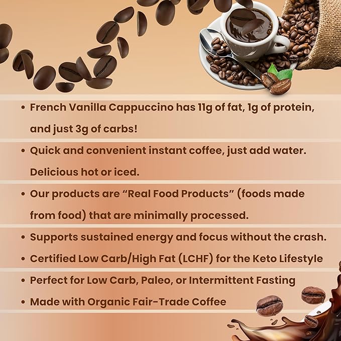 Keto Cappuccino - French Vanilla Coconut Cream - Keto Instant Coffee Mix with MCT Oil - Low Carb/High Fat, Organic Coffee Supports Ketosis - Energy - No Sugar - Made in USA – 28 Servings