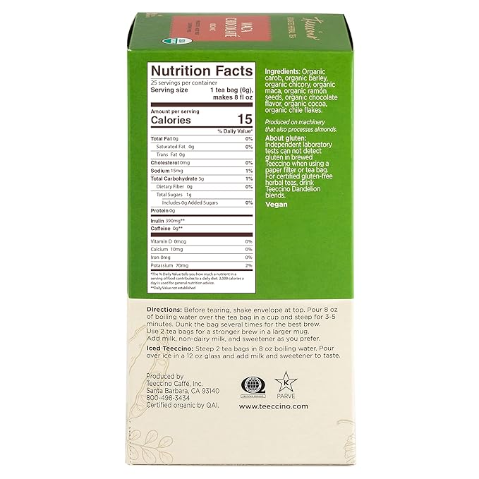 Teeccino Maca Chocolaté Herbal Tea - Adaptogenic Peruvian Maca, Cacao, Chicory, Prebiotic, Caffeine Free, Acid Free, Coffee Alternative, 25 Tea Bags (25 Count (3 Pack))