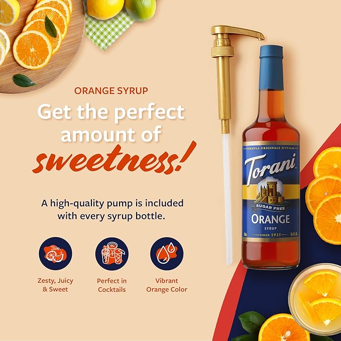 Torani Sugar Free Syrup, Orange Flavoring for Drinks, Zero Calorie, Glass Bottle with Pump Included, 25.4 Fl Oz