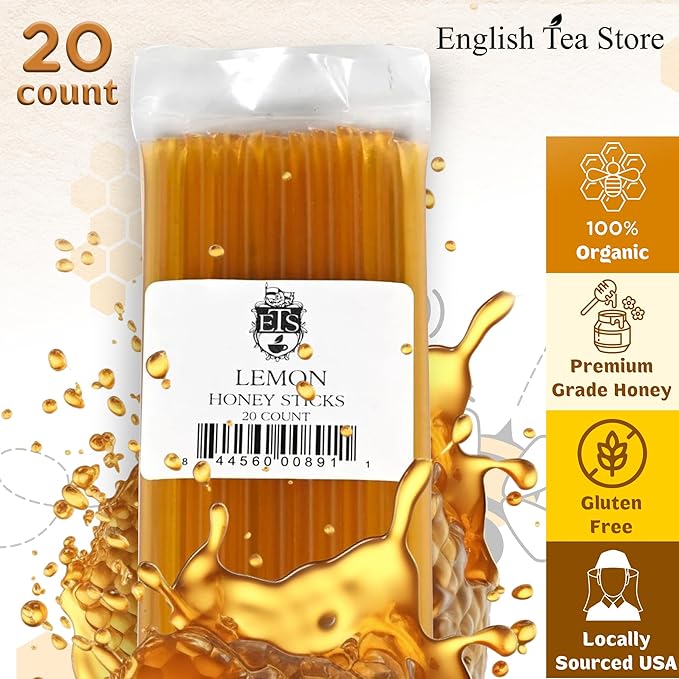 English Tea Store All-Natural Honeystix With Gluten-Free Grade A Honey | Mini Honey Sticks For Tea, Cake Pops Or Snacks | Portable Sweet Treat | Lemon Flavored Honey Sticks - 20 Count