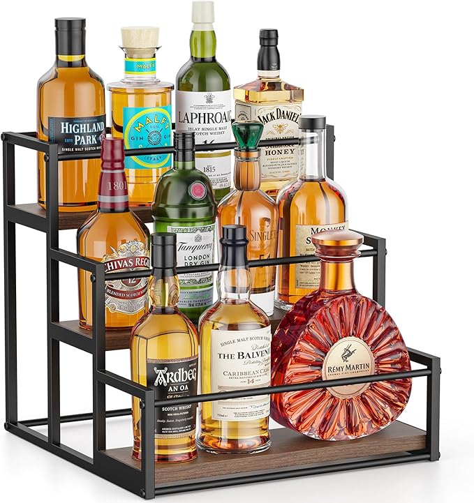 THYGIFTREE Liquor Bottle Display Shelf 3 Tier Rack Holder Bar Shelf Stand for Wine Whiskey Risers Organizer Kitchen Countertop
