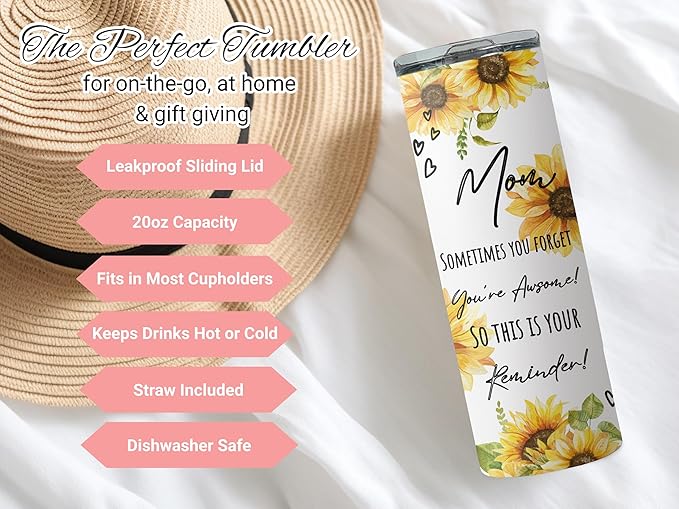 Best Mom Ever Sunflower Tumbler - Mother's Day 20oz Skinny Tumbler with straw and lid - Stainless Steel - gift for women - Dishwasher safe