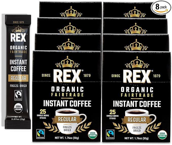 Rex Coffee Freeze-Dried Instant Sticks, Organic & Fairtrade Medium Roast Arabica, 200 Single Serve Packets