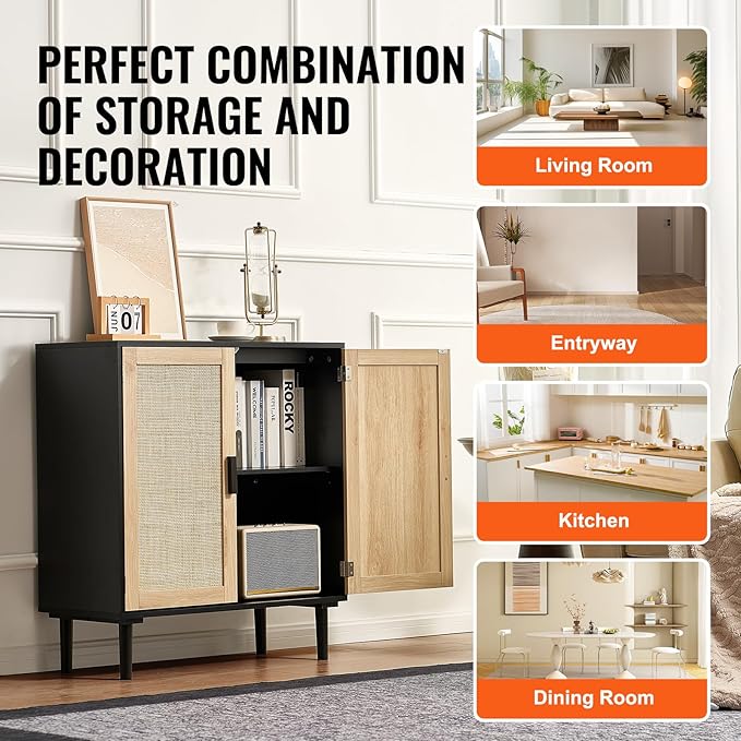 VEVOR Rattan Cabinet, Buffet Cabinet with Storage, Storage Cabinet with 2 Magnetic Doors and Adjustable Shelves, Sideboard Buffet for Hallway, Entryway, Living Room, or Kitchen, Black